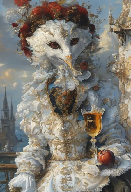 A still life in the style of 17th-century Dutch masters: Venetian mask with gilt edges and velvet texture, antique brass hourglass, crystal goblet filled with red wine, grapes with dewdrops. Dramatic Rembrandt-style lighting from a side window casting deep shadows. Through the window: a fantasy landscape — medieval castle with floating bridges and stained-glass towers, Baroque clouds (voluminous, illuminated by golden light), and a majestic dragon with iridescent scales soaring across the sky. Details: dust motes in light beams, cracked plaster walls, dragon's reflection in the goblet. Technique: oil painting with glazing layers, chiaroscuro contrast, hyperrealistic textures of aged wood and polished crystal.