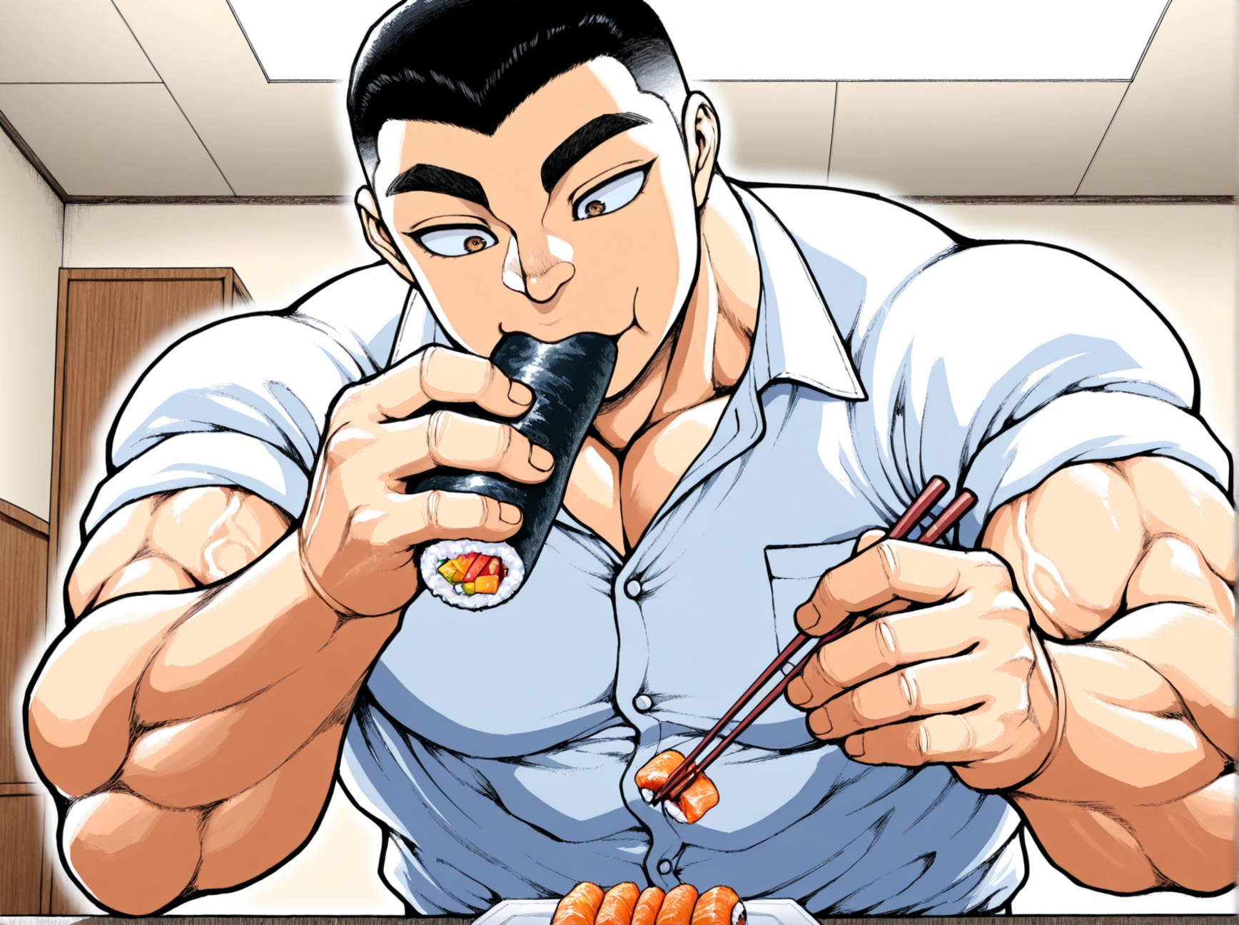 masterpiece, best quality, amazing quality, absurd res, 
 <lora:Katsumi_Orochi_Baki_for_Illustrious:1> 1boy, k4tsumi, thick eyebrows, muscular,
button shirt, indoors, resturant, table, solo, pov, eating sushi, holding chopsticks,