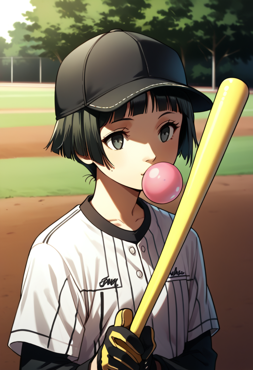 score_9, score_8_up, score_7_up, (source_anime), 1 girl, solo, cute face,
p4ayane, short hair, blunt bangs, black hair,
baseball uniform, baseball cap, baseball bat, outside, sunny, park, bubblegum,
masterpiece, best quality, ultra detailed, absurdres, very aesthetic