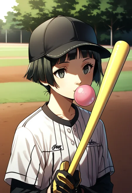 score_9, score_8_up, score_7_up, (source_anime), 1 girl, solo, cute face,
p4ayane, short hair, blunt bangs, black hair,
baseball uniform, baseball cap, baseball bat, outside, sunny, park, bubblegum,
masterpiece, best quality, ultra detailed, absurdres, very aesthetic