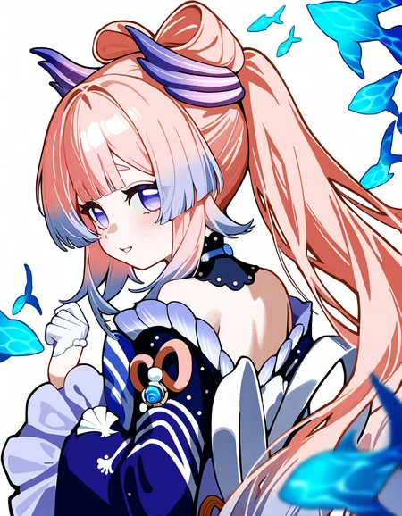 amoebayc,<lora:amoebayc-000020:1>,1girl,sangonomiya kokomi,bare shoulders,blunt bangs,blunt tresses,bow-shaped hair,colored eyelashes,detached collar,flower,frilled sleeves,frills,from behind,gloves,gradient hair,hair ornament,half gloves,hand up,hydrokinesis,long hair,long sleeves,looking at viewer,looking back,multicolored hair,off shoulder,parted lips,pink hair,ponytail,purple eyes,purple hair,solo,upper body,water,white flower,white gloves,dress,off-shoulder dress,gradient clothes,hairpin,purple theme,blue bow,bowtie,detached sleeves,sidelocks,fish,simple background,frilled collar,blue bowtie,bow,vision \(genshin impact\),blue gemstone,smile,gem,white background,collar,, masterpiece, best quality, very aesthetic, absurdres,newest, incredibly absurdres,