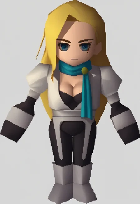score_9, score_8_up, score_7_up, source_anime BREAK 1girl, solo,
<lora:zs_FFVIIChibisXL_1:1.1> ffviichibis, chibi, standing, full body, white background
<lora:zs_HirokoXL:1> hirokosmtii, long hair, blonde hair, mole under eye, blue eyes, thigh boots, bodysuit, scarf, gloves, cleavage