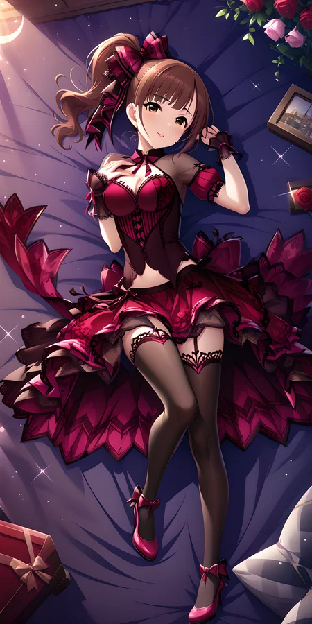 (masterpiece),(best quality),(ultra-detailed),(best illustration),(best shadow),(absurdres),(detailed background),(very aesthetic)kyoko igarashi, seductivenight, 1girl, solo, brown hair, thighhighs, brown eyes, side ponytail, crescent moon, parted lips, seductive smile, pink lips, dakimakura, lying on bed, pink heels, <lora:Kyoko_Igarashi__äºååµé¿å­_-_The_Idolmster_Cinderella_Girls__ã¢ã¤ãã«ãã¹ã¿ã¼ã·ã³ãã¬ã©ã¬ã¼ã«ãº_SDXL_Animagine_XL_3.1:1>