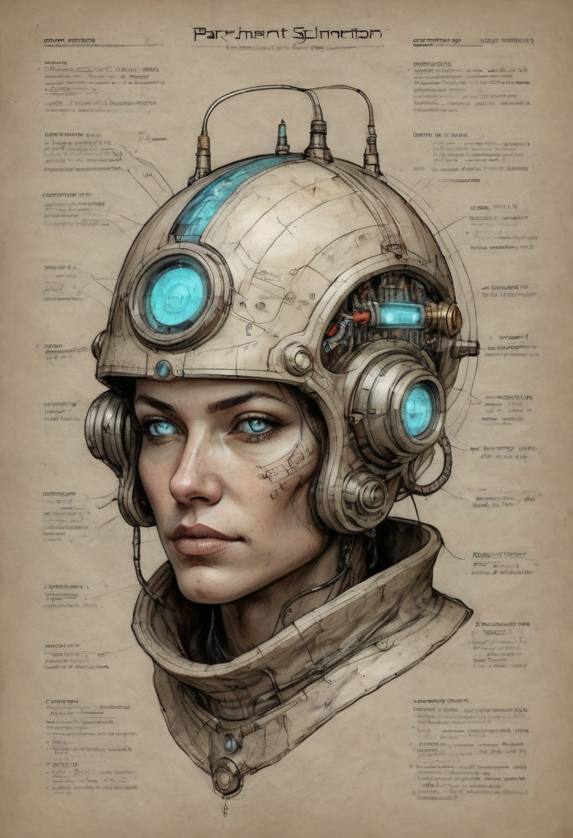 on parchment schematic concept for a thinking cap cyberpunk nerdcore technology flux capacitor glowing vacuum tube and intricate elaborate detailing piping and wiring all fashioned as a wearable helmet