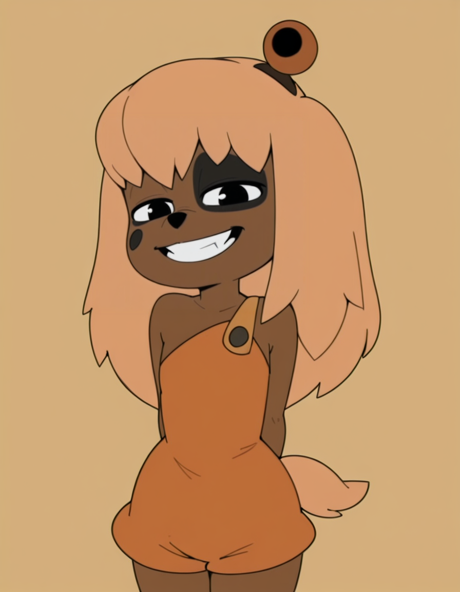 <lora:LilotteIllustrious1.0JLFO:1> lilotte, solo, furry female, 1girl, long hair, dog ears, black eyes, orange overalls, blonde hair, tail, hair bell, animal nose,smile, looking at viewer, simple background, grin, teeth, arms behind back,