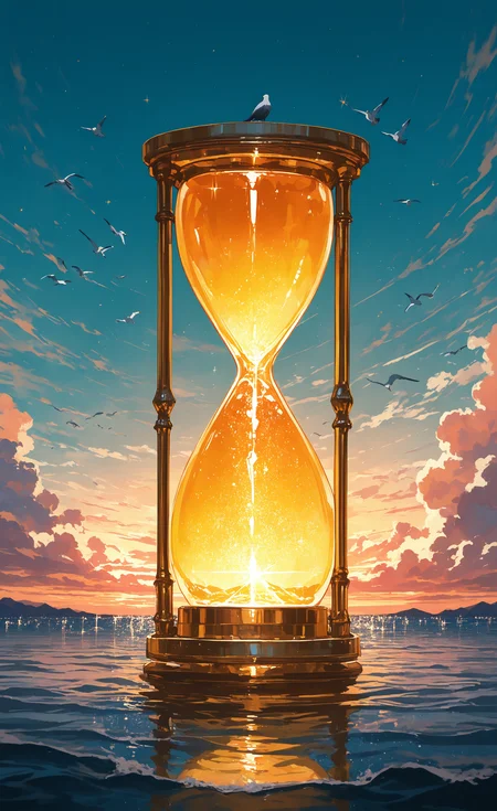 masterpiece, best quality, good quality, very aesthetic, absurdres, newest, solo, sitting, outdoors, sky, cloud, water, blue_sky, sparkle, no_humans, bird, ocean, cloudy_sky, scenery, Various symbols, sunset, horizon, watercraft, oversized_object, twilight, evening, gradient_sky, orange_sky, seagull, surreal, dusk, yellow_sky, hourglass, very_wide_shot <lora:ponyv4_noob1_2_adamW-000017:0.7> <lora:USNR_STYLE_XL_lokr:0.45>