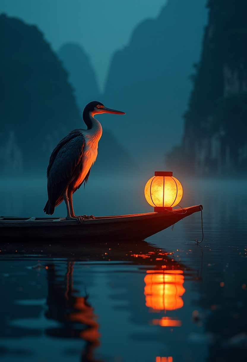 cinematic photo A cormorant fishing bird on a bamboo boat lit by a lantern fishing in the distant waters at night, photo, award winning photo, 8k, orange and blue tones . 35mm photograph, film, bokeh, professional, 4k, highly detailed
