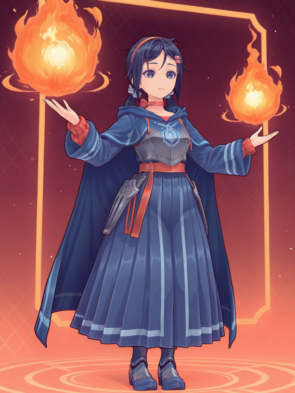 <lora:MitaIL:0.7> mi_ta, 1girl, dark blue eyes, dark blue hair, braids hair, hairband, choker, scrunchie, barrette pins,
magic, magic robe, steel armor,glowing liens, fireball, action, full body, glowing background, magic background