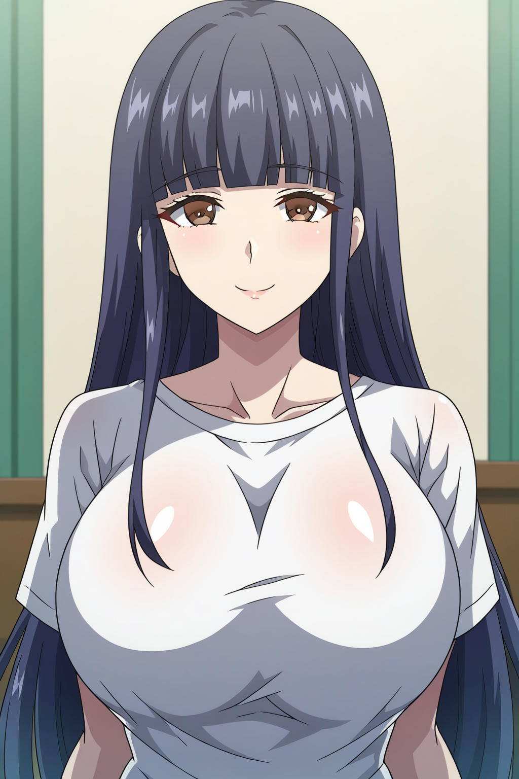 <lora:Yachiyo_Narumi_-_Kyonyuu_Kazoku_Saimin:0.8>,narumi,1girl,black hair,long hair,brown eyes,large breasts,bangs,shirt,upper body,looking at viewer,indoors,smile
