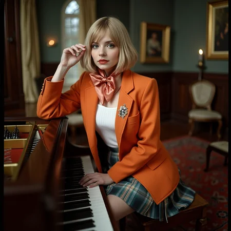 surrealist art watercolor painting analog film photo <lora:AshleyR4:0.8> a close up, a candid, half body shot, close up shot, aslx, costume, aslx, a woman wearing an ashley graham costume with orange jacket, plaid skirt, blond hair styled in a bob, she's in dark mansion, leaning on piano in a big living room, ultra detailed, ultra realistic, ultra quality, cinematic, cinematic lighting, ultra detailed . faded film, desaturated, 35mm photo, grainy, vignette, vintage, Kodachrome, Lomography, stained, highly detailed, found footage, RAW candid cinema, 16mm, color graded portra 400 film, remarkable color, ultra realistic, textured skin, remarkable detailed pupils, realistic dull skin noise, visible skin detail, skin fuzz, dry skin, shot with cinematic camera . vibrant, beautiful, painterly, detailed, textural, artistic . dreamlike, mysterious, provocative, symbolic, intricate, detailed