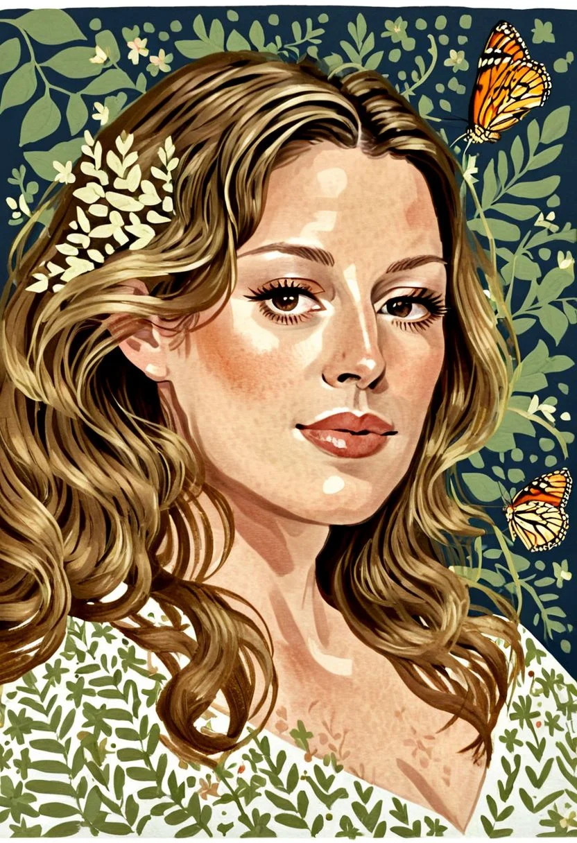 Modern interpretation of a Maria Sybilla Merian drwwing of a beautiful woman, in her mid thirties, dark blond hair, hazel eyes, she is sensitive and surprisingly witty, Flora, DreamlikeIllustration