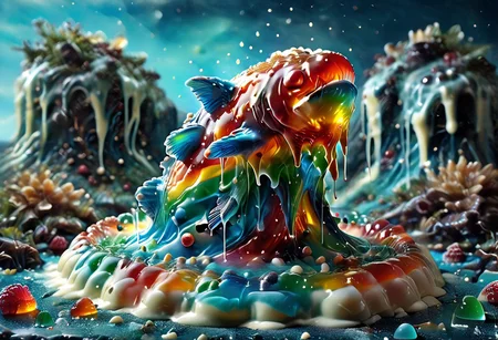 high quality, (Domination of the blue color:2), Jellystyle, stone bridge<lora:bad_prompt_version2-neg:1> <lora:By bad artist -neg:1> <lora:Jelly_Style:1> (rainbow color grading:1.5). (Icing milk:2). (Sugar coating :1). berry made of jelly. River of milk. ais-chocsauce Mountains. Crystallized Sugar Rain. The floor is covered with honey. Multi-colored Jellystyle bears.
(Fish) Made of gum with glowing precious stones is shown into the jello realm. From the right of the frame, the Jellystyle bears, fishing, jumping fish.
CastleBreizh XL Mk8 on the left.
Asymetric composition, dynamic pose, field of depth, grass in the foreground. Close-up view from below.