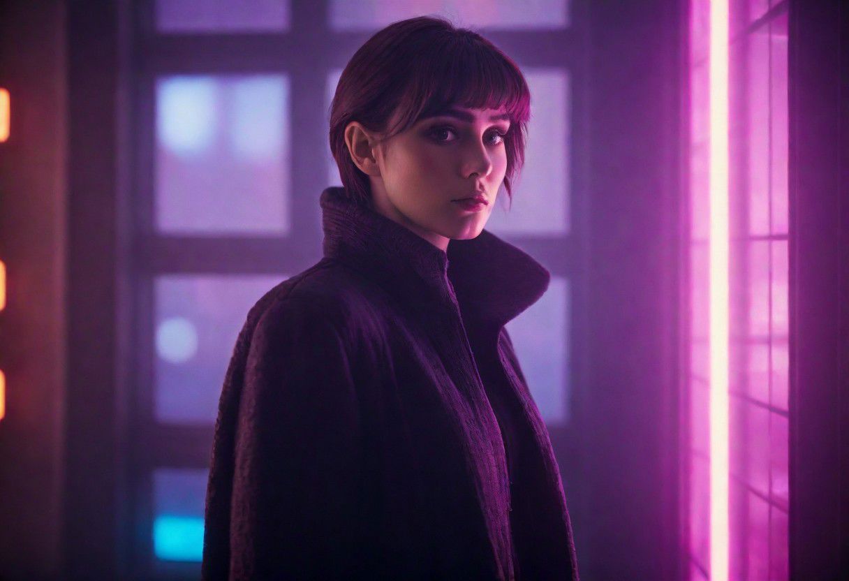Blade Runner Style, super Face Closeup Portrait, Compose a vivid description for an image featuring Rachael from Blade Runner standing in a spacious room within a dystopian megacity skyscraper. The setting includes a large window revealing the somber, neon-lit dystopian cityscape at night, reminiscent of Ridley Scott's Blade Runner. Rachael is elegantly dressed in a form-fitting, transparent, floor-length gown, creating a striking silhouette that sharply contrasts with the dystopian cityscape visible through the window.
