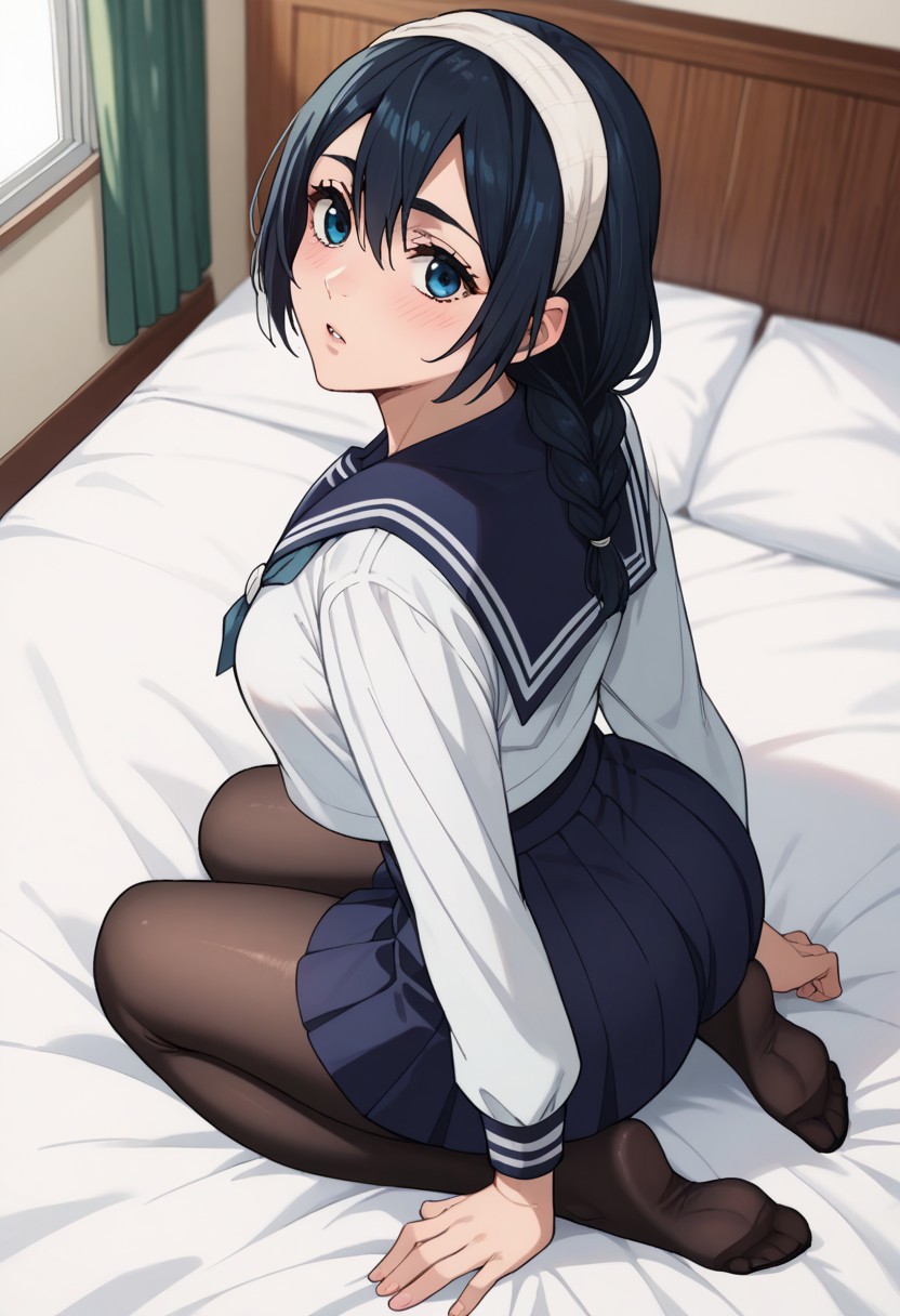 score_9_up, score_8_up, score_7_up, score_6_up, score_5_up, score_4, source_anime, 1girl, riko, black hair, braid, blue eyes, headband, school uniform, blue sailor collar, white serafuku, blue pleated skirt, black pantyhose,
solo,  bedroom, sit kneeling, in bed, medium breasts, medium butt, hips, thighs, thick thighs, standing, back, full body, looking at the viewer, arched back, above view