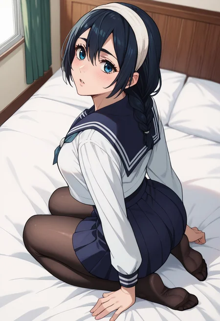score_9_up, score_8_up, score_7_up, score_6_up, score_5_up, score_4, source_anime, 1girl, riko, black hair, braid, blue eyes, headband, school uniform, blue sailor collar, white serafuku, blue pleated skirt, black pantyhose,
solo, bedroom, sit kneeling, in bed, medium breasts, medium butt, hips, thighs, thick thighs, standing, back, full body, looking at the viewer, arched back, above view