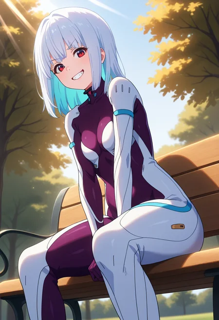 masterpiece, best quality, amazing quality, 1girl, solo, luluww, red eyes, white hair, medium hair, bangs, colored inner hair, small breasts, pilot suit, multicolored bodysuit, white bodysuit, purple bodysuit, covered navel, <lora:Lulu_Bravern_ill_v11:0.9>, from below, sitting, on bench, leaning forward, hands between thighs, elbows resting on thighs, relaxed posture, arms pressing against chest, breasts squeezed together, breasts squished between arms, breast emphasis, closed legs, looking at viewer, smile, teeth, clenched teeth, outdoors, park, day, sunlight, skindentation, detailed clothing folds, depth of field, sharp, dynamic light
