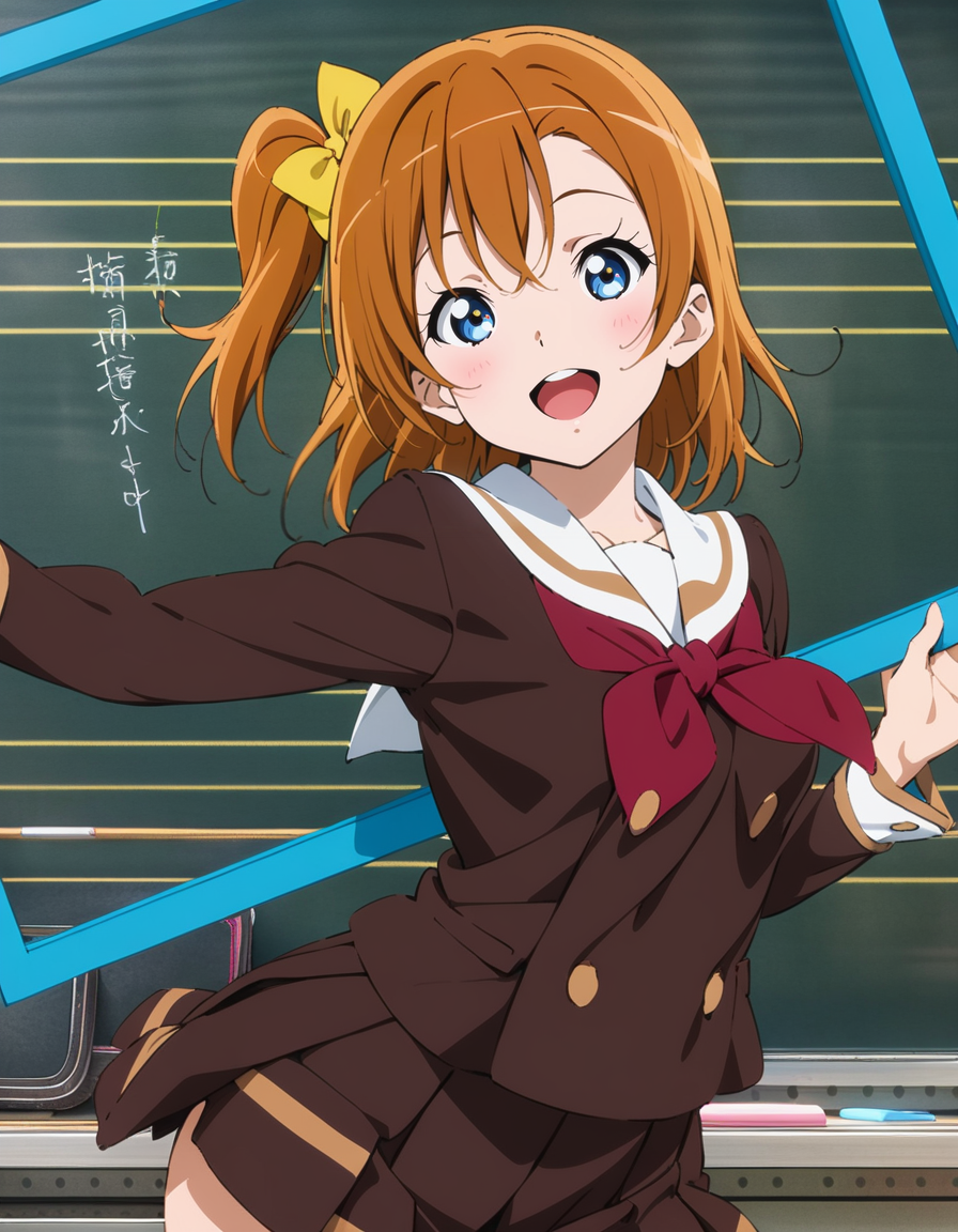 masterpiece, best quality, ultra detailed, highres,4k,(ultra-detailed:1.4) (illustration:0.5), (ray tracing,:0.8),(anime colored:0.7),(ai-generated:0.5),
1girl,solo,
kousaka honoka, love live!,blue eyes,
kitauji high school uniform,,red neckwear,pleated skirt, white sailor collar,buttons,long sleeves,
smile,
cowboy shot,
<lora:euphoniumcharacterXL1:1>,euphoniumcharacter,
classroom,blackboard,
character name, picture frame, blue screen,fake screenshot,