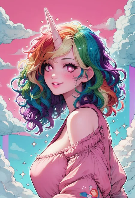 score_9, score_8_up, score_7_up, masterpiece, best quality, highly detailed, cyanbl, cyan shadows, sunset atmosphere, 1 girl, multicolored hair, unicorn horn, large breasts, large black eyelashes, pink lipstick, pink eyes, sparkly hair, long curly hair, oversized dress, pink dress, oversized sleeves, boob window, pink background, (((rainbow, clouds))), sparkles, glowing character outline, (((white character outline))), happy, big smile, parted lips, sparkly eyes, blush, glowing hair