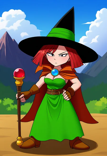 masterpiece, best quality, good quality, amazing quality,
<lora:szy_mage_IL:1>szy_mage, 1girl, solo, looking at viewer, chibi,
gloves, dress, hat, medium breasts, red hair, fingerless gloves, cape, witch hat, staff, green dress, witch, holding staff, cleavage,
BREAK outdoors, mountain, sky, day, cloud,