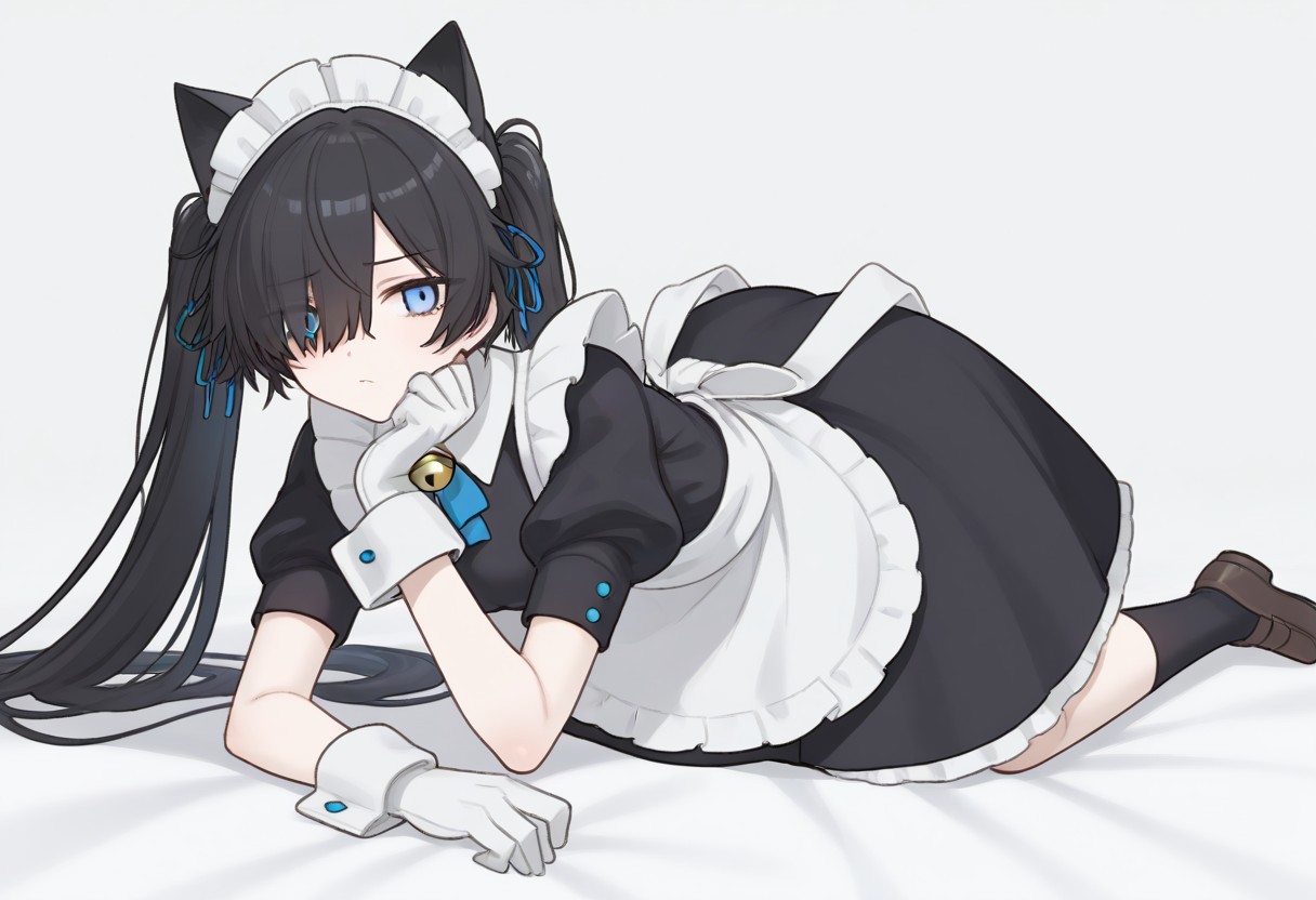 (Maid-kasli), solo, white gloves, dress, hair over one eye, maid apron, blue eyes, twintails, cat ears, maid headdress, maid, gloves, 1girl, apron, juliet sleeves, long sleeves, long hair, black hair, animal ears, bell,(Fall down),