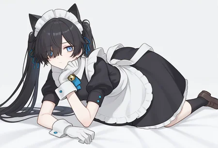 (Maid-kasli), solo, white gloves, dress, hair over one eye, maid apron, blue eyes, twintails, cat ears, maid headdress, maid, gloves, 1girl, apron, juliet sleeves, long sleeves, long hair, black hair, animal ears, bell,(Fall down),
