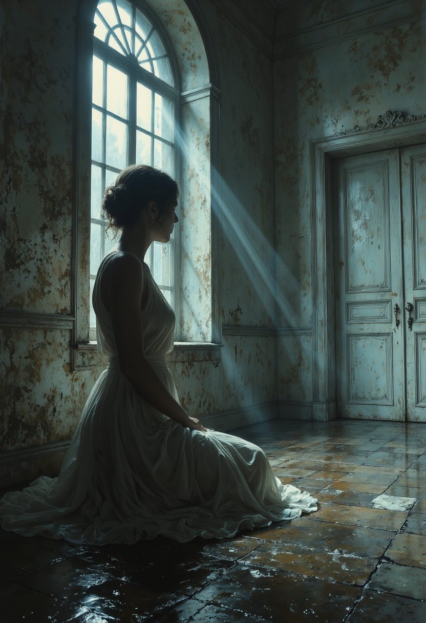 A wide-angle cinematic portrait of a solitary woman leaning against a cracked wall near a high, arched window at midnight. Silver moonlight pours through one broken pane, casting a cool beam that slices across the flooded floor. She kneels on one knee, the other bent, gazing out into the darkness beyond. Her damp gown of sheer fabric shimmers under the lunar glow, accentuating every fold and contour. The room's decayed grandeur, the peeling plaster, stained curtains, and weathered doors are bathed in pale, ghostly blue. Ripples in the water pick up stray moonbeams, creating fractal reflections that dance around her. <lora:Mezzotint_Artstyle_for_Flux_-_by_Ethanar:0.5500000000000002> <lora:SkoolDaze_Portrait_Style-000014:0.5500000000000002> <lora:illustration20FLUX20.XsbF:0.3500000000000001> <lora:cpa.LgFo:0.3500000000000001>