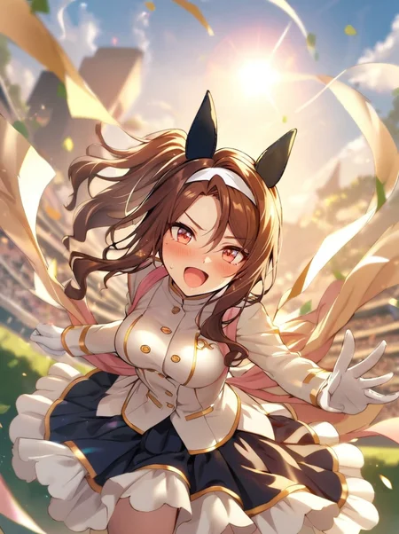 masterpiece,best_quality,
king halo \(umamusume\), 1girl, horse ears, white gloves, open mouth, smile, long sleeves, white jacket, blush, black ear covers, white-frilled black high-low skirt, ponytail, white hachimaki, pink tasuki, closed jacket, noble white cheer attire
motion blur, lens flare,outdoors,
 <lora:SDXL_king_halo_v1.01:0.8>