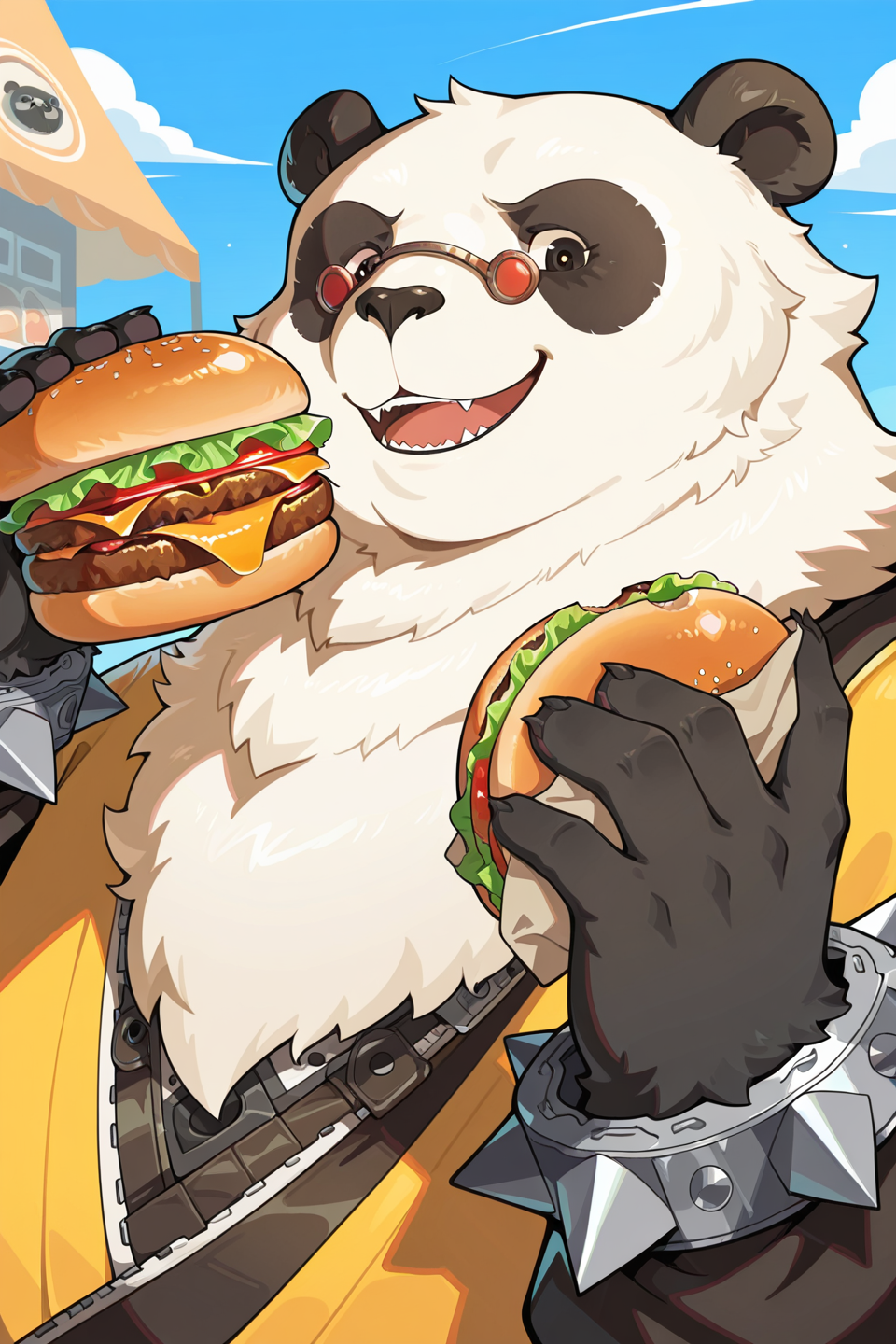 <lora:Pan_Yinhu_潘引壺_-_Zenless_Zone_Zero-000006:1>, best quality, hires, absurdres, panyinhu, solo, 1boy, anthro, furry male, panda, white fur, fat, red glasses, animal ears, yellow and black clothes, jacket,portrait, long sleeves, spiked armband, holding burger, burger, close up, smile, open mouth, blue sky background