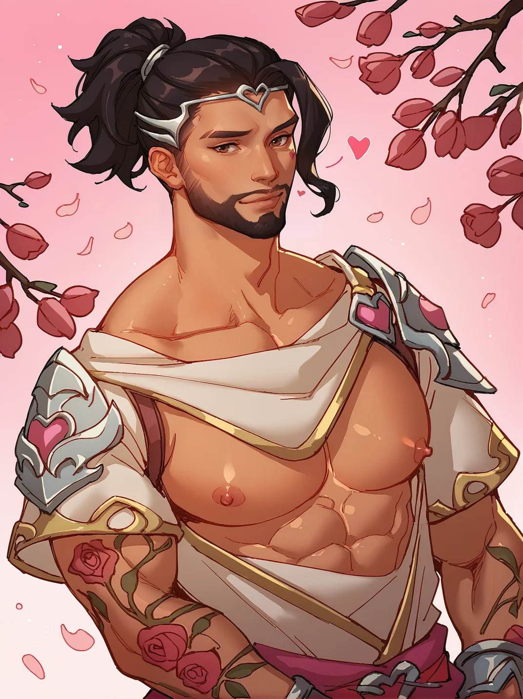 cupid_hanzo man, close up, bara, black hair, ponytail, pec, nipple, dark brown eyes, facial hair, pink. hearts, greek clothes, kissy face, rose tattoos, outdoors, cherry blossom background <lora:Cupid_Hanzo:.8>, score_9, score_8_up, score_7_up, <lora:add-detail-xl:.8> zPDXL3,