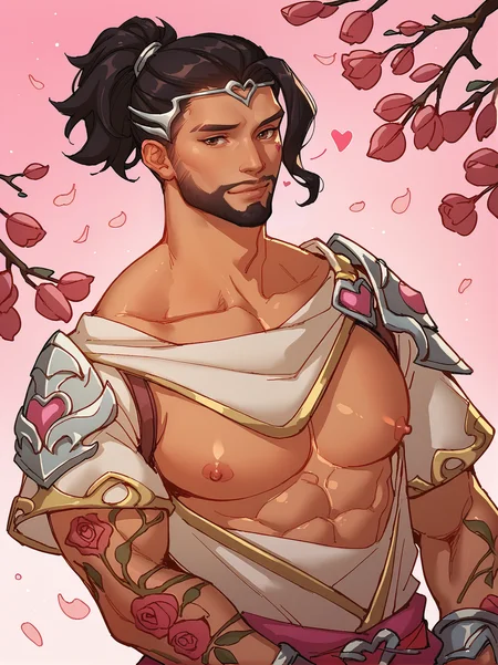 cupid_hanzo man, close up, bara, black hair, ponytail, pec, nipple, dark brown eyes, facial hair, pink. hearts, greek clothes, kissy face, rose tattoos, outdoors, cherry blossom background <lora:Cupid_Hanzo:.8>, score_9, score_8_up, score_7_up, <lora:add-detail-xl:.8> zPDXL3,