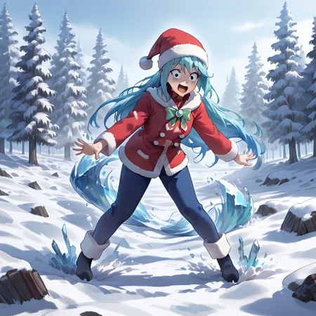 best quality, highres, high resolution, score_9, score_8_up, score_7_up, score_6_up, score_5_up, score_4_up, 1 female, aqua is wearing Santa outfit, her outfit is made of snow crystals, (Aqua_(Konosuba):1), fr0stwrld, snow, ice, <lora:Fr0stWrld-v10:1.2> , <lora:Aqua Pony:1> ,full body, front yard of a house in snow forest, snow background, standing , anime pose, despair face