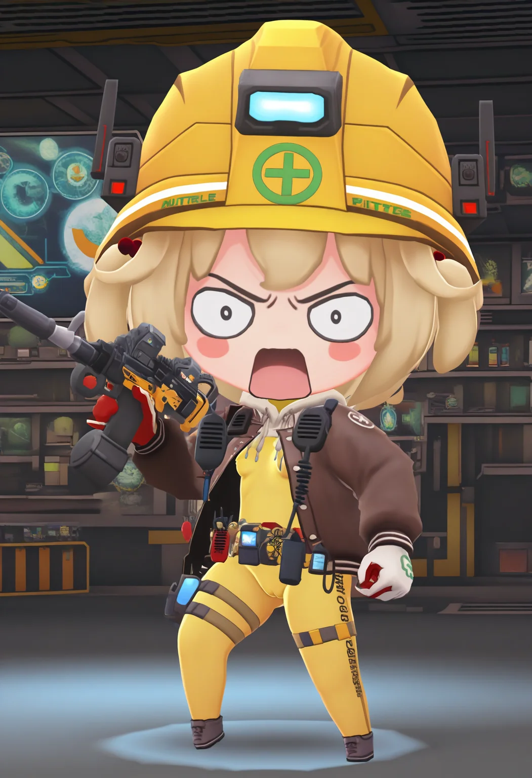 best hands, 5 fingers <lora:mn_Litter_IL1.2:1>, chibi, comical angry, constricted pupils, black pupils, parody, open mouth, tongue, looking at viewer, 
mn_Litter_IL, official art, 1girl, yellow helmet, headpat, yellow eyes, blonde short hair, two side up, hair bobbles, 
small breasts, Tool belt, thigh strap, yellow bodysuit, skin tight, science fiction, brown open jacket, Footwear, drawstring, hood down, walkie-talkie, holster, two-tone gloves, covered nipples, cameltoe,
holding Machine gun, trigger discipline, finger on trigger