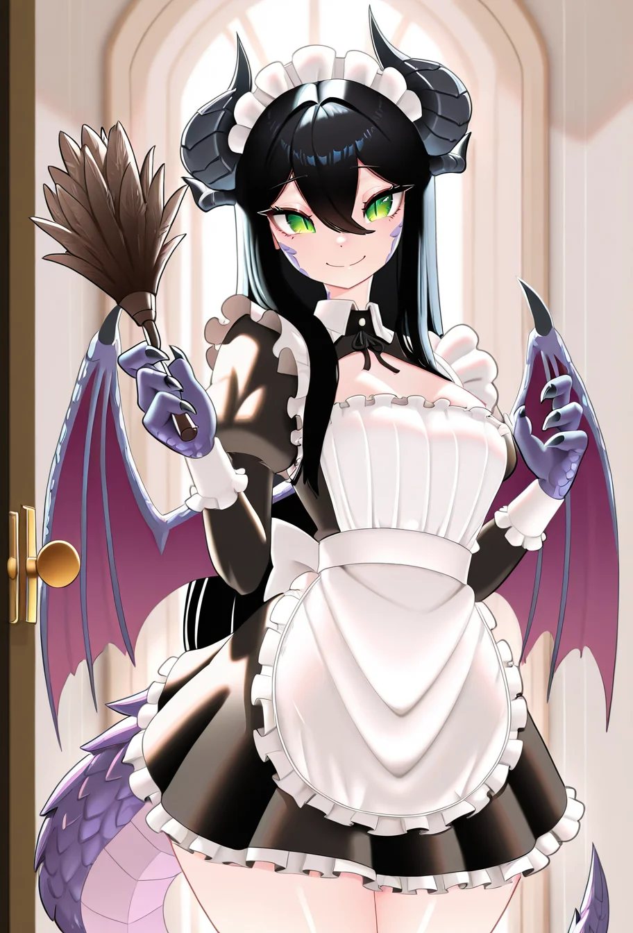 masterpiece, best quality, absurdres, 1girl, solo, <lora:Kasniff_r1:1>, Kasniff, dragon girl, dragon horns, dragon wings, dragon tail, claws, purple scales, maid uniform, feather duster, smile, indoors, black hair, long hair, green eyes, slit pupils