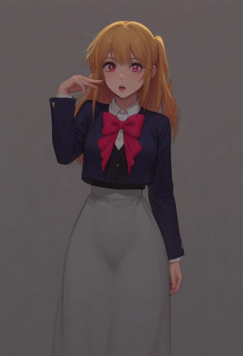 score_9, score_8_up, score_7_up, score_6_up, score_5_up, score_4_up, source_anime, 1girl, thin body, medium breasts, <lora:brj-ruby-pony-v0.5:0.8>, hoshino ruby, blonde hair, long hair, one side up, red eyes, mismatched pupils, star-shaped pupils, school uniform, red bow, grey skirt, long skirt, legs, hips, shocked