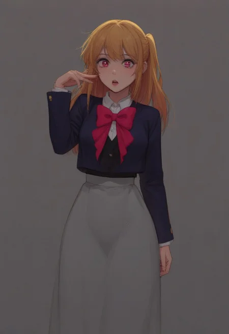 score_9, score_8_up, score_7_up, score_6_up, score_5_up, score_4_up, source_anime, 1girl, thin body, medium breasts, <lora:brj-ruby-pony-v0.5:0.8>, hoshino ruby, blonde hair, long hair, one side up, red eyes, mismatched pupils, star-shaped pupils, school uniform, red bow, grey skirt, long skirt, legs, hips, shocked