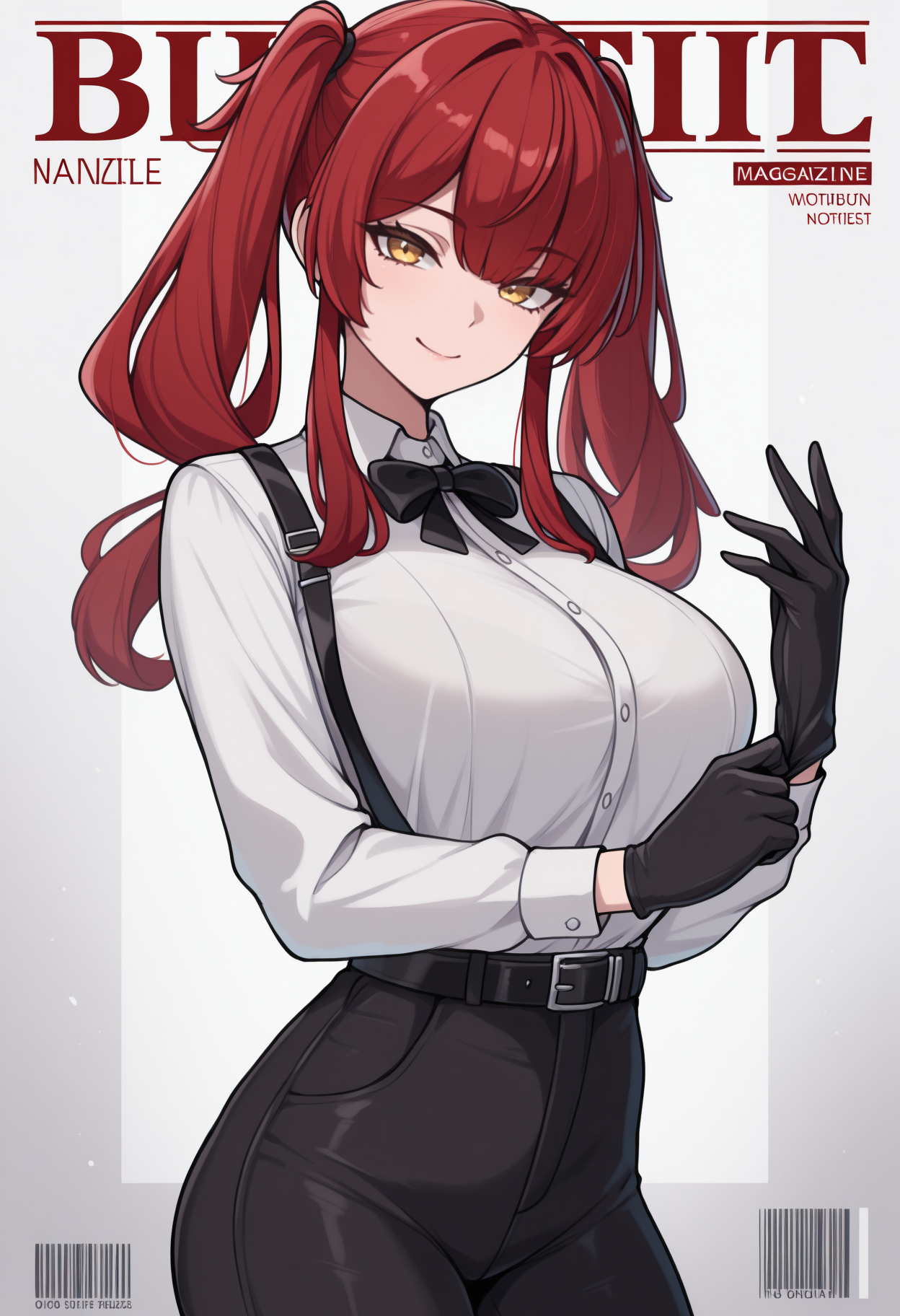 masterpiece, best quality, newest, magazine cover, english text, barcode, solo, 1girl, zar4def, smile, looking at viewer, standing, adjusting gloves, long hair, red hair, twintails, yellow eyes, white shirt, collared shirt, shirt tucked in, black bowtie, long sleeves, black gloves, suspenders, black pants, black belt, large breasts
<segment:yolo-Anzhc Face seg 640 v3 y11n.pt,0.4,1//cid=11>