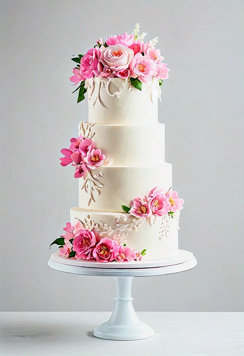 a white wedding cake with pink flowers on the side of the cake
