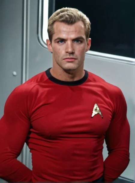 Handsome, masculine, blonde, star trek, red shirt, muscle, tall, tight shirt, wide pectorals, big shoulders, wide shoulders, muscular neck, German,