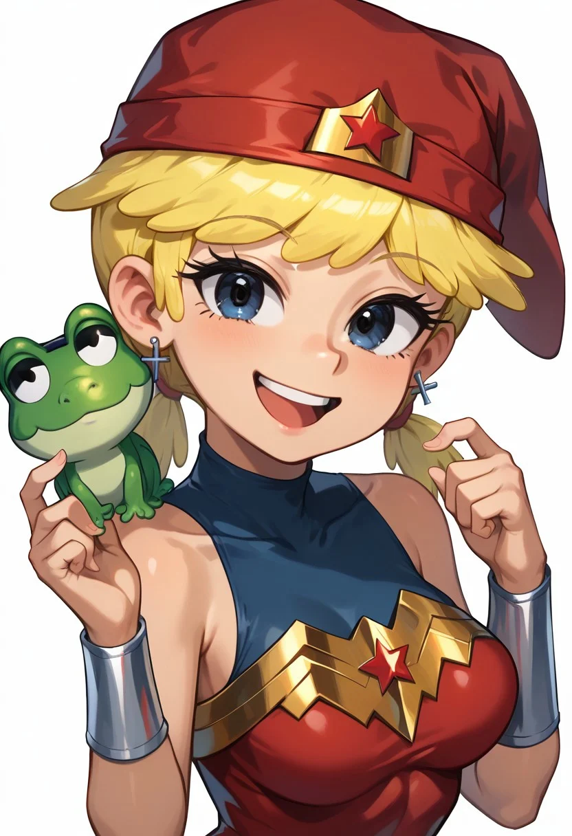 score_8_up, score_7_up, Lana Loud, 1girl, solo, cute, upper body, standing, grin, smile, open mouth, top teeth only, looking at viewer, <lora:Lana_Loud1-10_3:0.8>, tomboy, blonde hair, pigtails, red headwear, missing tooth, black eyes, posing, wonder woman cosplay, bare shoulders, tiara, earrings, medium breasts, jewelry, leotard, white background, simple background, hip sway, wide hips, hand up, holding frog, small green frog, flat color, sideview,