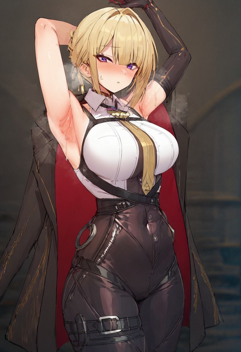 score_9,score_8_up,score_7_up, 1girl, Evelyn_ZZZ, medium breasts, blonde hair, black gloves, breasts, purple eyes, jewelry, necktie, jacket, looking at viewer, tight dress, indoors, short dress, covered navel, tight clothes, taut dress, taut clothes, bare shoulders, open clothes, curvy, standing, collarbone, cowboy shot, thick thighs, sleeveless dress, doorway, door, arm above head, armpit crease, armpits, arms up, sweat, sweatdrop, steam,