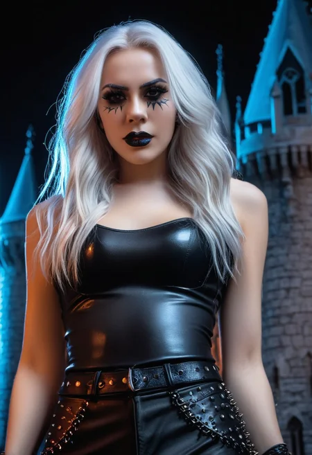 (Confident, strength, perky breasts, lips, long  white hair, gothic:1.2), Stunning female model. black leather pants. Spiked pauldrons. Gothic face paint. Standing in front of a gothic castle. Pyrotechnics in the background, bursts of flame . (((Screaming at the viewer))). Looking at viewer. Wet look hair. Studio quality dynamic lighting, portrait photography. 8k, RAW photo, best quality, ultra high res, intricate, photorealistic, masterpiece, ultra-detailed, crisp.