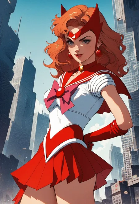 score_9, knva, halftone effect, 1girl, Scarlet Witch, magical girl, cape, magical girl costume, source_anime, city, posing, sailor scout uniform, sailor senshi uniform, 2d,