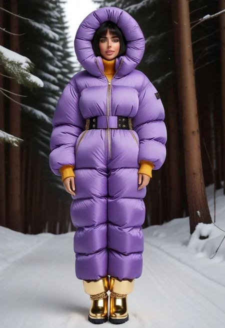 ((((puffer padded jacket)))), ((((puffer padded coat)))), ((((full body)))), ((((fur boots)))), ((((puffer pants)))), ((((puffer hood up)))), winter, snow, forest, 1girl, solo, (masterpiece), detailed face, detailed eyes, (beautiful detailed eyes:1.5), sidelighting, (super detail, hyper detail, intricate_details, detailed), (semi realistic:1.6), (Bob cut), blunt bangs,(black hair), (purple eyes, eyelashs), tanned skin, smug smile, angry face, Golden jewelery, golden rings, golden necklace, golden armlets, golden chains, padded cuffs, padded collar, Thick padded cuffs, Thick padded collar, <lora:Collar-SDXL:0.6>, <lora:Cuffs-SDXL:0.6>, <lora:Puffer_Jacket_and_Down_Jacket_-_Extra_Puffy_Jackets:0.4>, <lora:snowpants_v1:0.4>