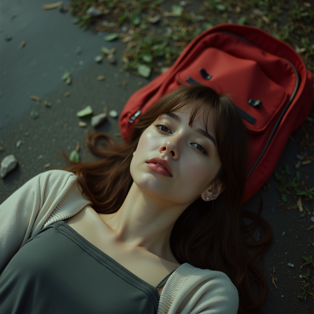 cinematic film still  <lora:Kodak Motion Picture Film style v1:1>
Film grain still image of a woman laying on the ground with a red backpack,1girl,solo,looking at viewer,brown hair,brown eyes,lying,parted lips,on back,lips,portrait,realistic , cinematic look, film look, filmic, contrast, detailed, high quality, sharp image, film color, Kodak Motion Picture Film style, different color, different people, different look, different style, 35MM Film, 16MM Film, Photographic film, music video style, artistic style, cinematic style, film granularity, film noise, image noise, artistic effect, Fujicolor, Fuji film, Analog photography, movie style, movie still, Film grain overlay, Film Grain style . shallow depth of field, vignette, highly detailed, high budget, bokeh, cinemascope, moody, epic, gorgeous, film grain, grainy