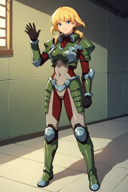 score_9, score_8_up, score_7_up, score_6_up, BREAK, MarleneAngelBGXL, blue eyes, blonde hair, short hair, low twintails, medium breasts, green armor, shoulders armor, red bodysuit, green guantlets, black gloves, green knee pads, green boots, solo, full body, standing, waving, seductive smile, looking at viewer, indoors <lora:MarleneAngelBGXL:0.9>