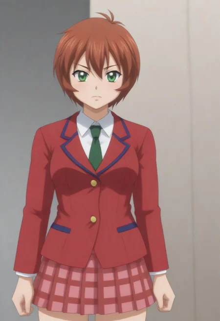 source_anime, anime screencap, source_anime, auratheguillotine, anime screencap, masterpiece, source_anime, shiny skin, 1girl, chinkyuu koudai, short hair, brown hair, green eyes, <lora:chinkyuu_pony-000007:0.8> red blazer, white shirt, green necktie, plaid skirt, pleated skirt,