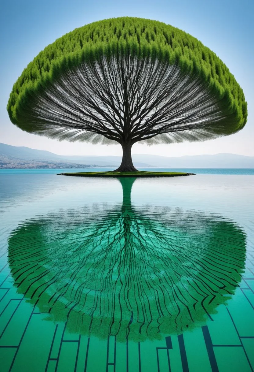 Bw-grignani, a large Green tree made.of lines, infront a Blue water Made of bolder perfect aligned lines