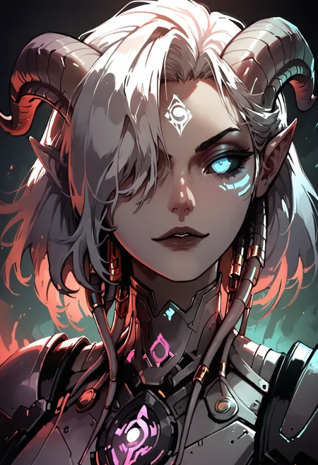 score_9, score_8_up, score_7_up, solo, dutch angle, sinozick style, close up,
draenei, horns, medium hair, hair over one eye, gray skin, dark lips, bright blue eyes, black sclera,
smirk,
futuristic, scifi, red armor, gloves, technology, glowing, neon, holographic display,
<lora:Ocelot-Civi_Based_Lora:0.8>, <lora:Expressive_H:0.3>, <lora:as109Style:0.6>, <lora:LLDN:0.6>,