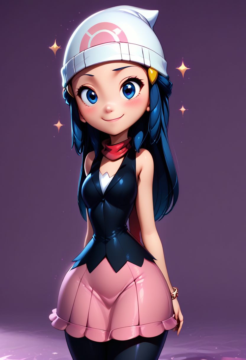 (score_9, score_8_up:1.1), score_7_up, 
subsurface scattering, 
purple theme background,glitter,sparkles,shiny,1girl, Live - action adaptation of a 3d character,  1girl, solo, 
BREAK,
curvy, 
zzDawn, blue hair, blue eyes, sidelocks, long hair, bare shoulders, beanie, black shirt, black socks, bracelet, hat, jewelry, kneehighs, miniskirt, pink skirt, red scarf, scarf, shirt, skirt, sleeveless, sleeveless shirt, white headwear,
wide hips, curvy, 
BREAK, 
charming face, smile, closed mouth, blushing, looking at viewer,