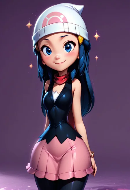 (score_9, score_8_up:1.1), score_7_up,
subsurface scattering,
purple theme background,glitter,sparkles,shiny,1girl, Live - action adaptation of a 3d character, 1girl, solo,
BREAK,
curvy,
zzDawn, blue hair, blue eyes, sidelocks, long hair, bare shoulders, beanie, black shirt, black socks, bracelet, hat, jewelry, kneehighs, miniskirt, pink skirt, red scarf, scarf, shirt, skirt, sleeveless, sleeveless shirt, white headwear,
wide hips, curvy,
BREAK,
charming face, smile, closed mouth, blushing, looking at viewer,